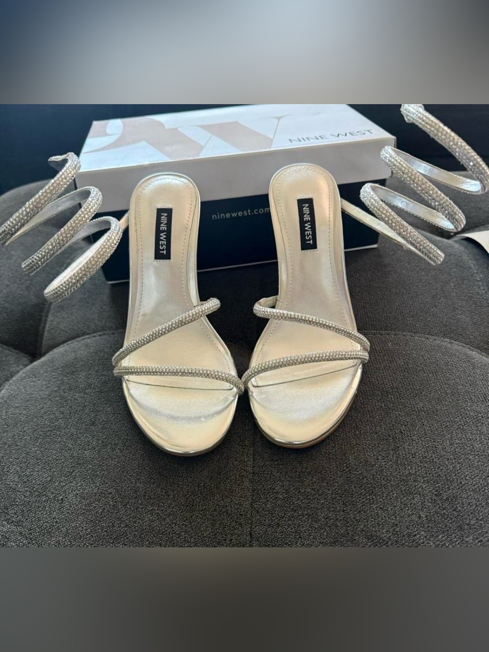 Nine West Silver Crystal-Strap Slide Heels